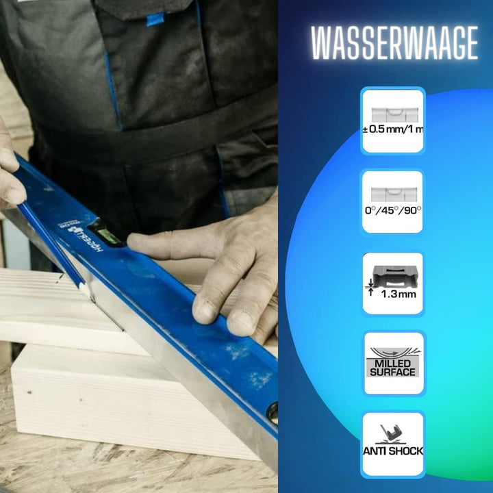 Högert Technik - Wasserwaage 200 cm, Verfügt über 3 Libellen: 0 ° / 45 ° / 90 °, Wasserwaagen aus Al
