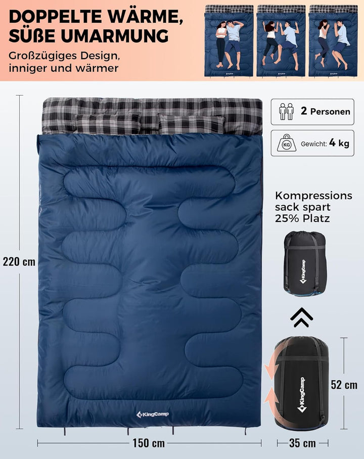 KingCamp Doppelschlafsack Baumwolle Flanell Winter Schlafsack 2 Personen Warmer Deckenschlafsack 3-4