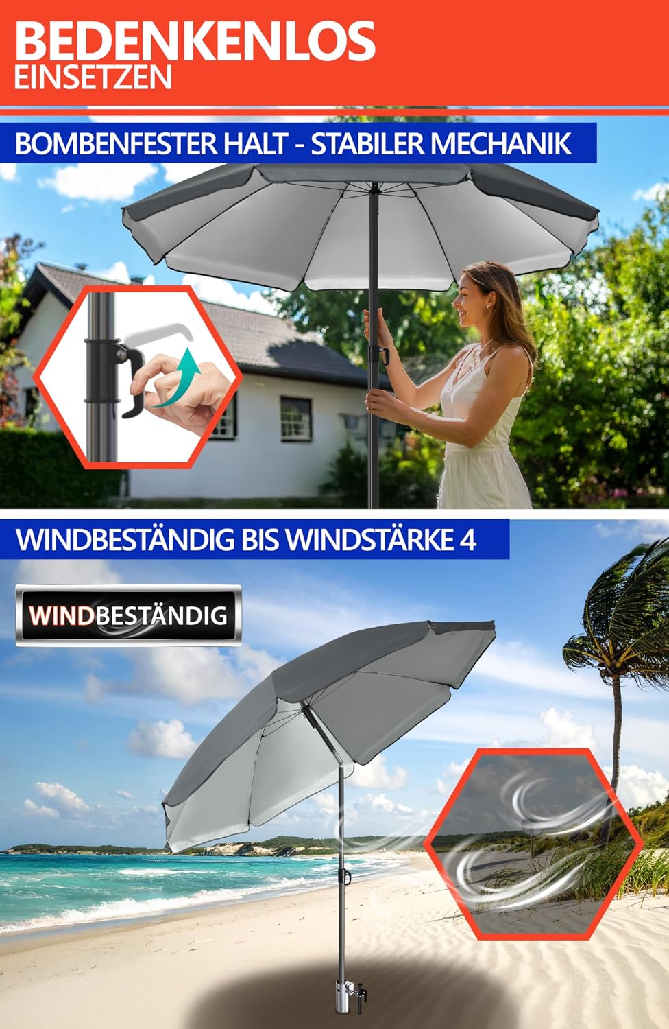 4smile Sonnenschirm Strand SET mit Eindrehbodenhülse, Ø 200 cm, Anthrazit | Strandschirm Windfest St