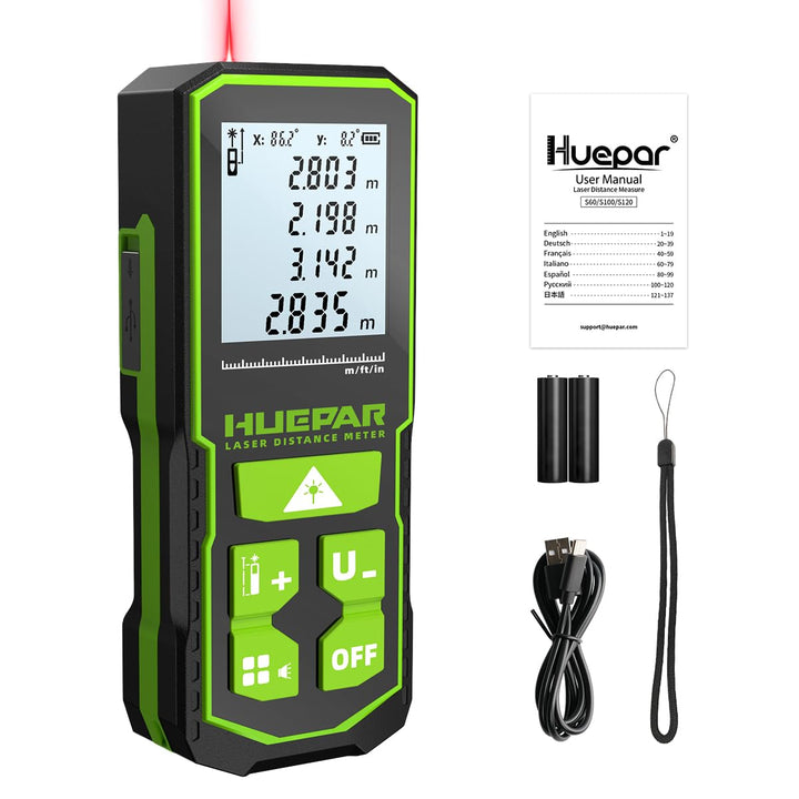 Huepar Laserdistometer 393Ft(120M) mit wiederaufladbaren Akku und Doppelwinkel–Display, Lasermessung