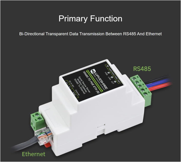 Waveshare RS485 to RJ45 Ethernet Converter Module, Industrial Rail-Mount Isolated RS485 Serial Serve