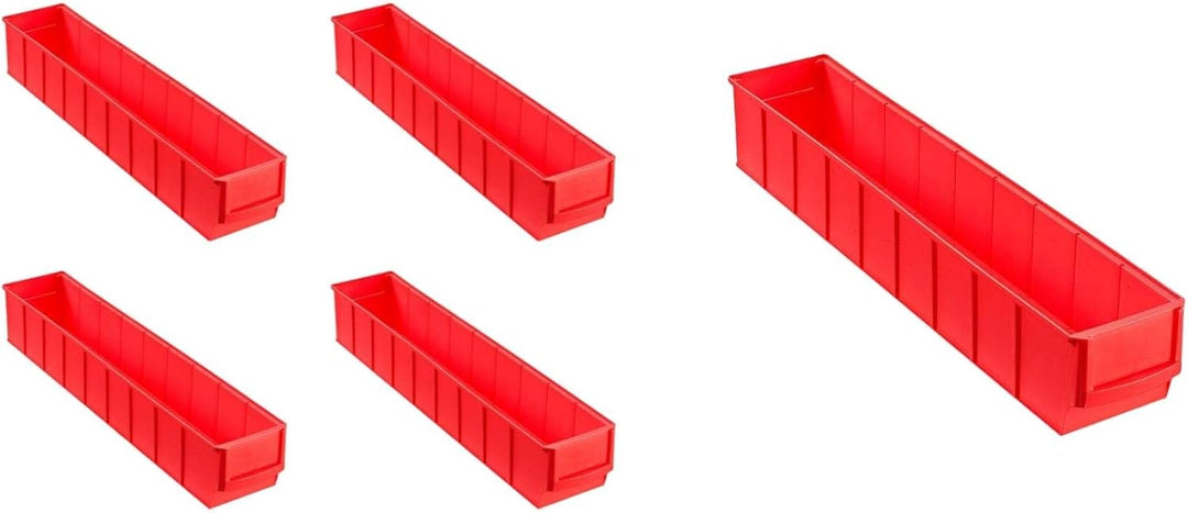 SparSet 5x Rote Industriebox 500 S | HxBxT 8,1x9,1x50cm | 2,8 Liter | Sichtlagerkasten, Sortimentska