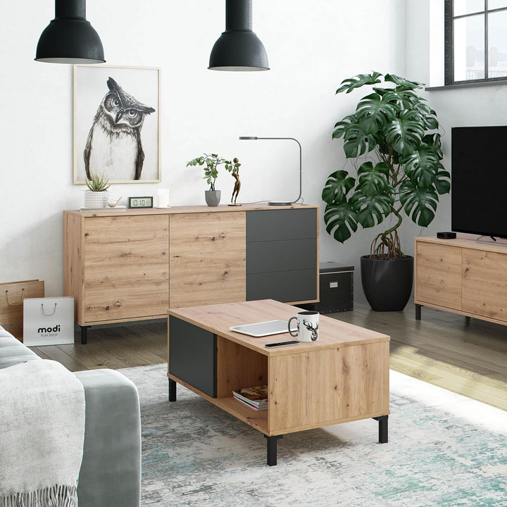 Habitdesign Couchtisch, Melamin Holz, Eiche Nodi und Anthrazit, Pequeña