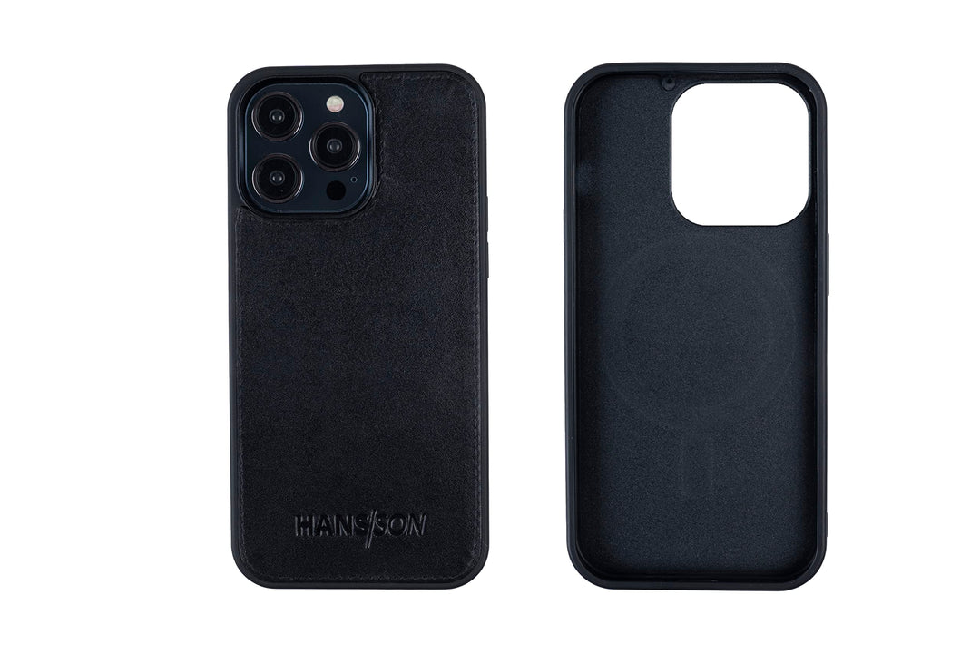 HANS/SON Echtlederhülle in Schwarz | iPhone 14 Pro Ledercase | Schutz vor Stürzen und Stössen | Mags