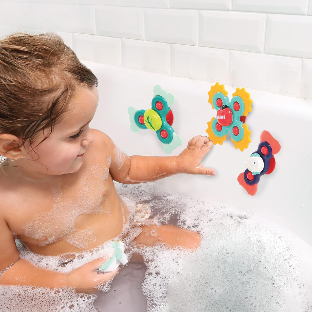 LUDI – Baby Hand Spinner – 3er Set mit Saugnäpfen – Rotierendes Spielzeug für Glatte Oberflächen – B
