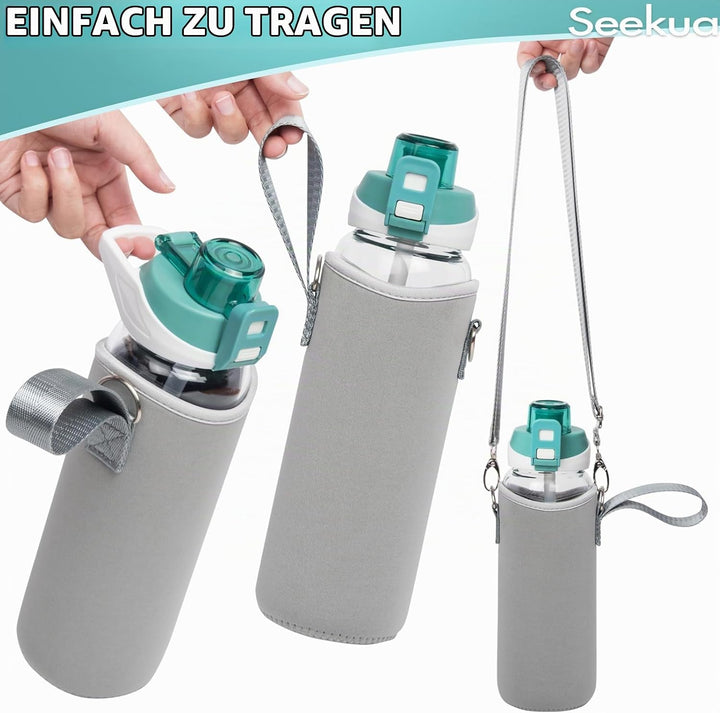 Seekua 0.8l Sport Trinkflasche Glas Flasche mit Strohhalm &amp; Zeitmarkierung 800ml auslaufsicher bpa f