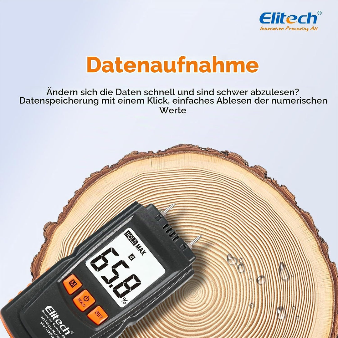 Elitech Holzfeuchtemessgerät Digital, 4 Holzarten, ±2% Genauigkeit, 9,8 mm Sonden, Feuchtigkeitsmess
