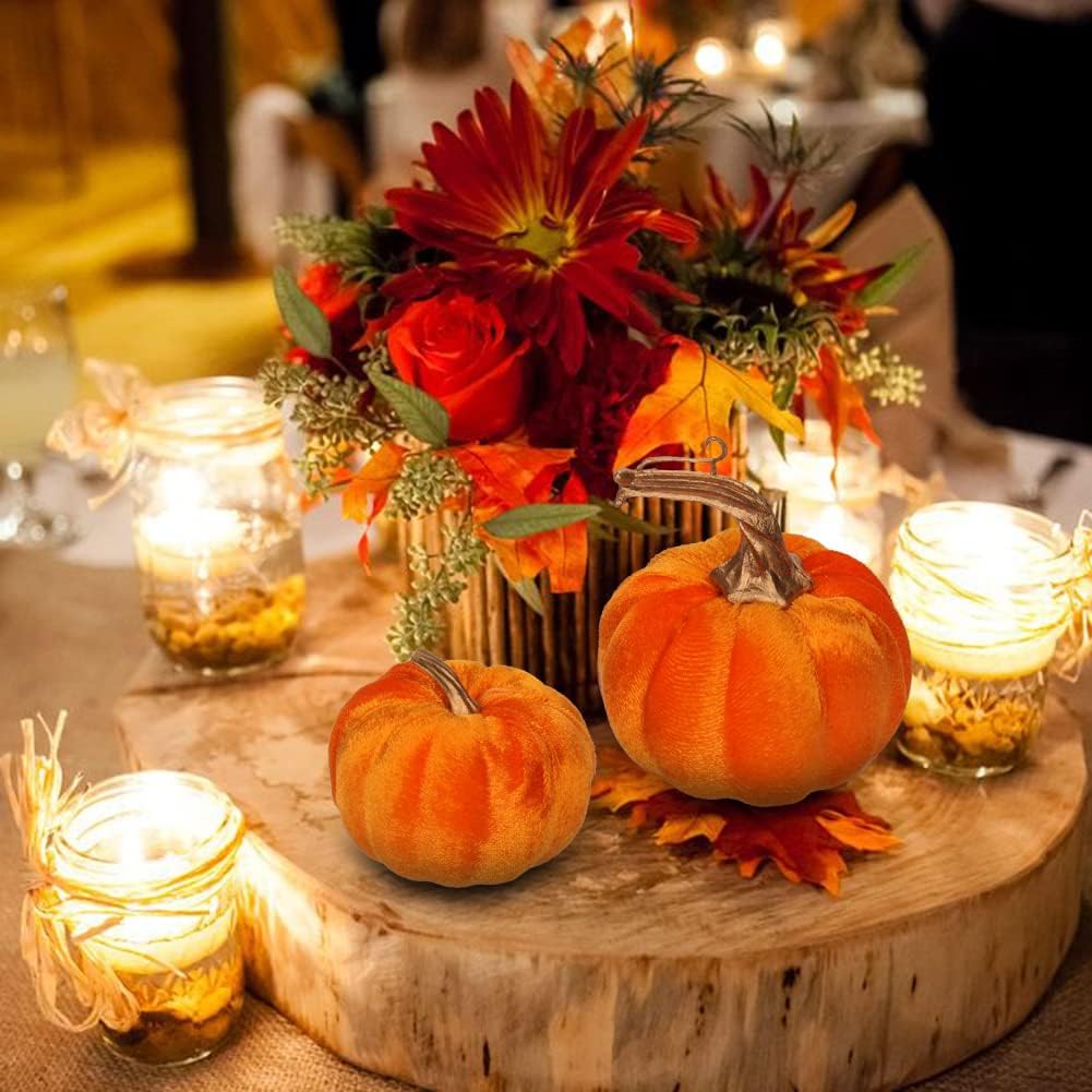 12PCS Herbst Deko, Halloween Kürbis set, Kürbisse , Samt Plastik mini mit 24 Pcs künstliche Ahornblä