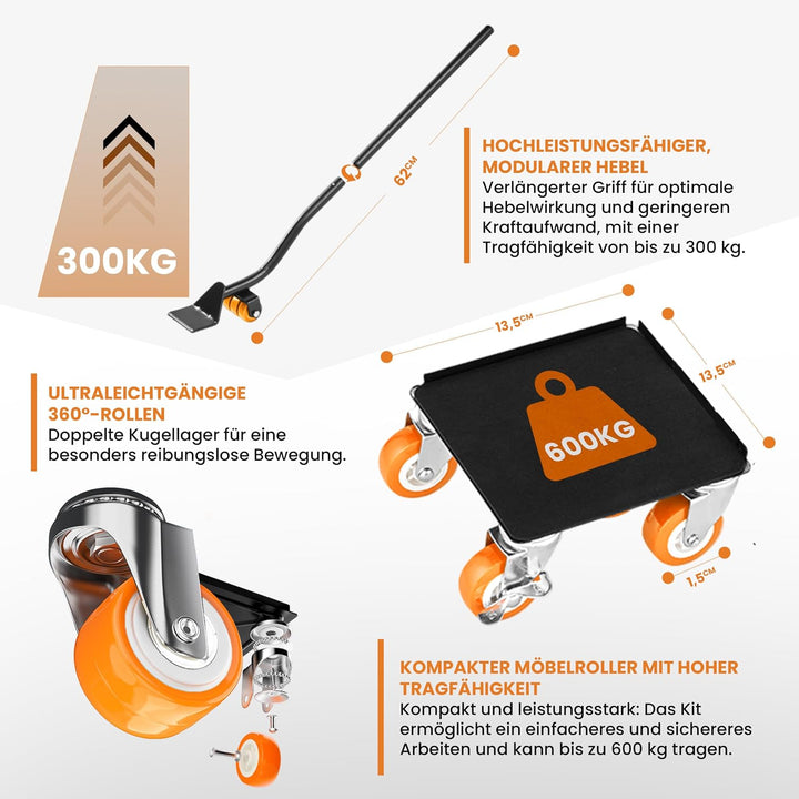 Transportroller Set 600kg mit Möbelheber für schwere Möbel &amp; Umzug