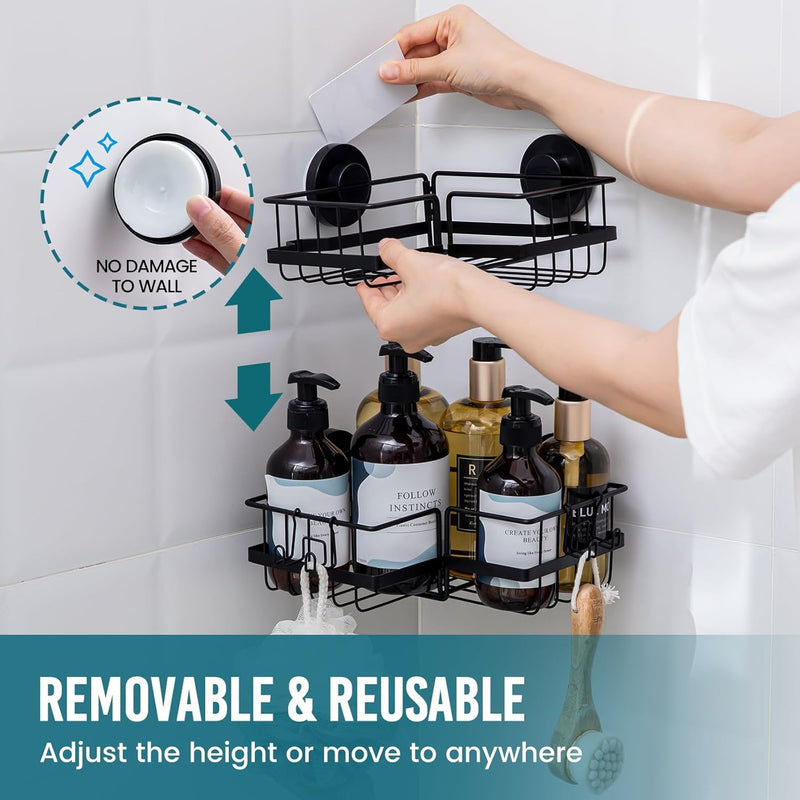 TAILI Duschablage Ohne Bohren,Einstellbar Ecke Dusche Caddy Saugnapf 2er Set Dusche Zubehör mit Hake