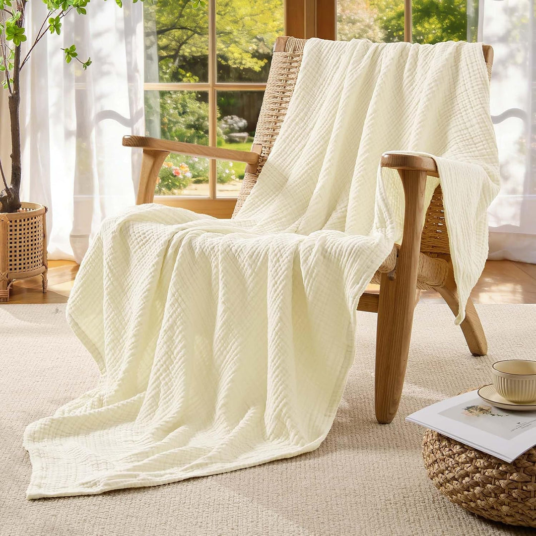 BEDELITE Musselin Decke 127x177cm Erwachsene Tagesdecke Baumwolle, Creme | weiche &amp; atmungsaktive 4-