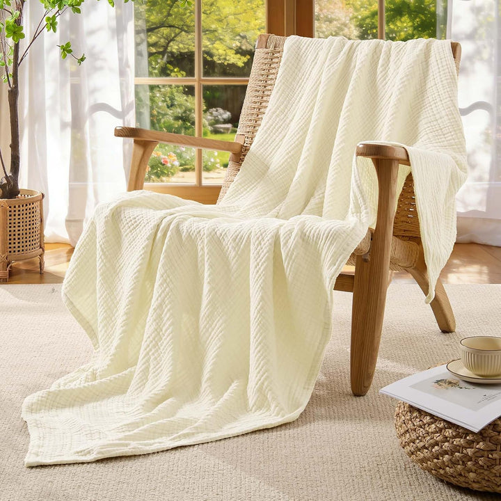 BEDELITE Musselin Decke 127x177cm Erwachsene Tagesdecke Baumwolle, Creme | weiche &amp; atmungsaktive 4-