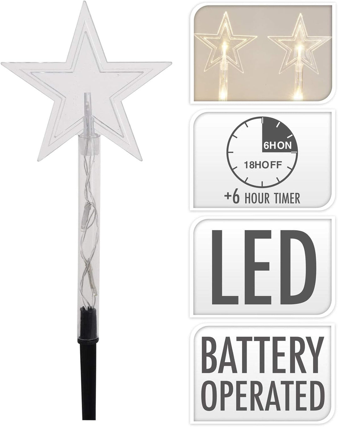 LED Garten Leuchtstäbe Stern 24 cm (transparent) - 5er Set mit Batterie und Timer - Gartenstecker Ba