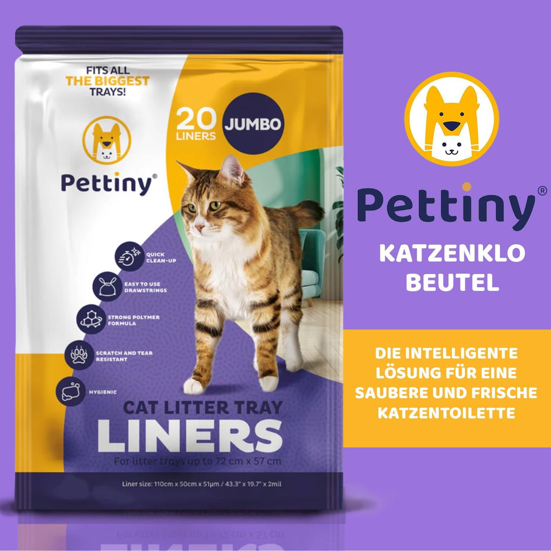 Pettiny Jumbo Katzentoilettenbeutel mit Zugbändern – 20er Pack Kratzfeste Tüten für Riesige Katzento