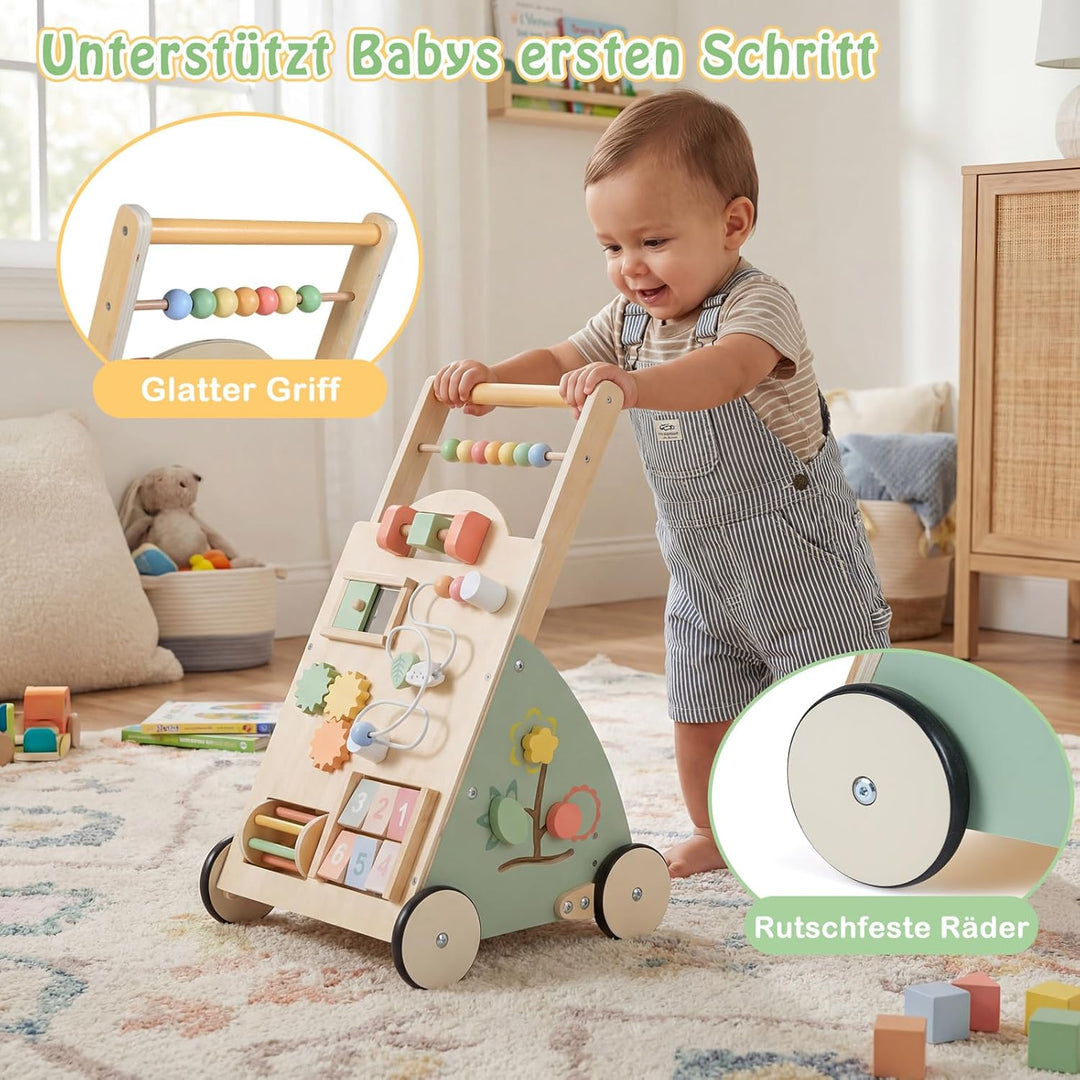COSTWAY Baby Lauflernwagen Holz, Lauflernhilfe mit Activity Board, Rädern & Aufbewahrungskorb, Laufw