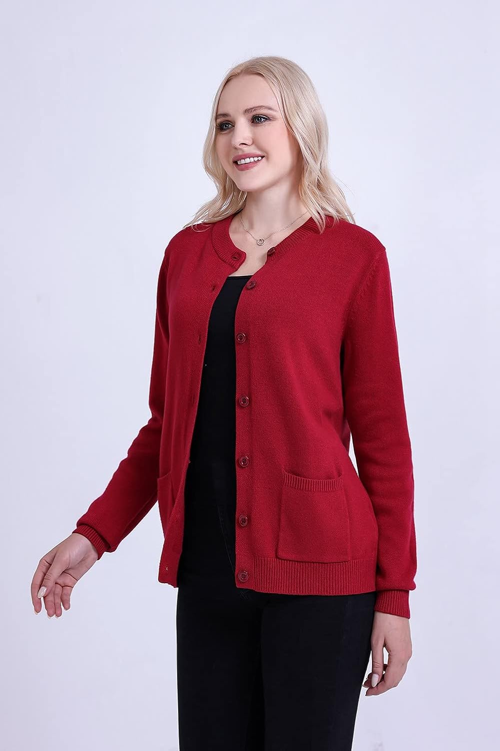 SMILING PINKER Damen Strickjacke Langarm Cardigan Warm Rundhals Strickweste Jacke mit Knopfleiste un