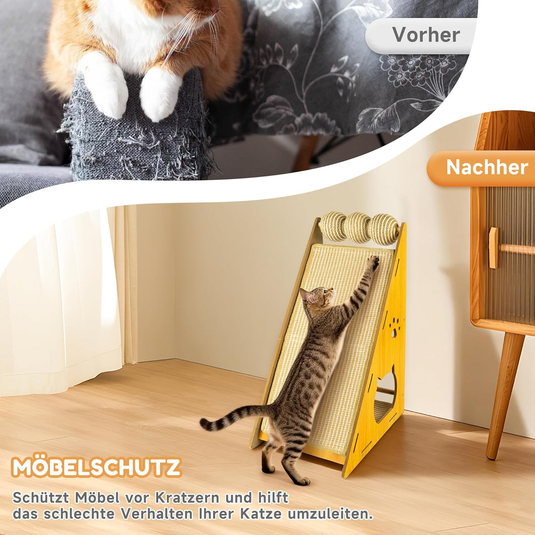 Kratzbretter Katze – Vielseitiges Katzen Kratzbrett aus massivem Buchenholz mit Sisalstamm, Kratzpap