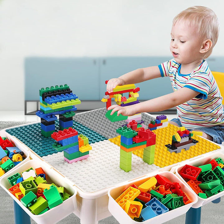 6-in-1 Kindertisch mit 2 Stühle, Kinder Spieltisch mit 163 Bausteinen, Doppelseitiger Tischplatte, M