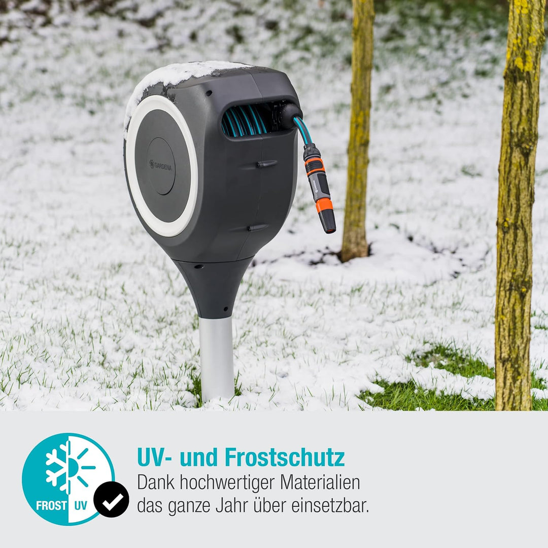 GARDENA Garten-Schlauchbox RollUp M (weiss) 20 m, Schwenkbare Schlauchbox, integrierte Schlauchführu