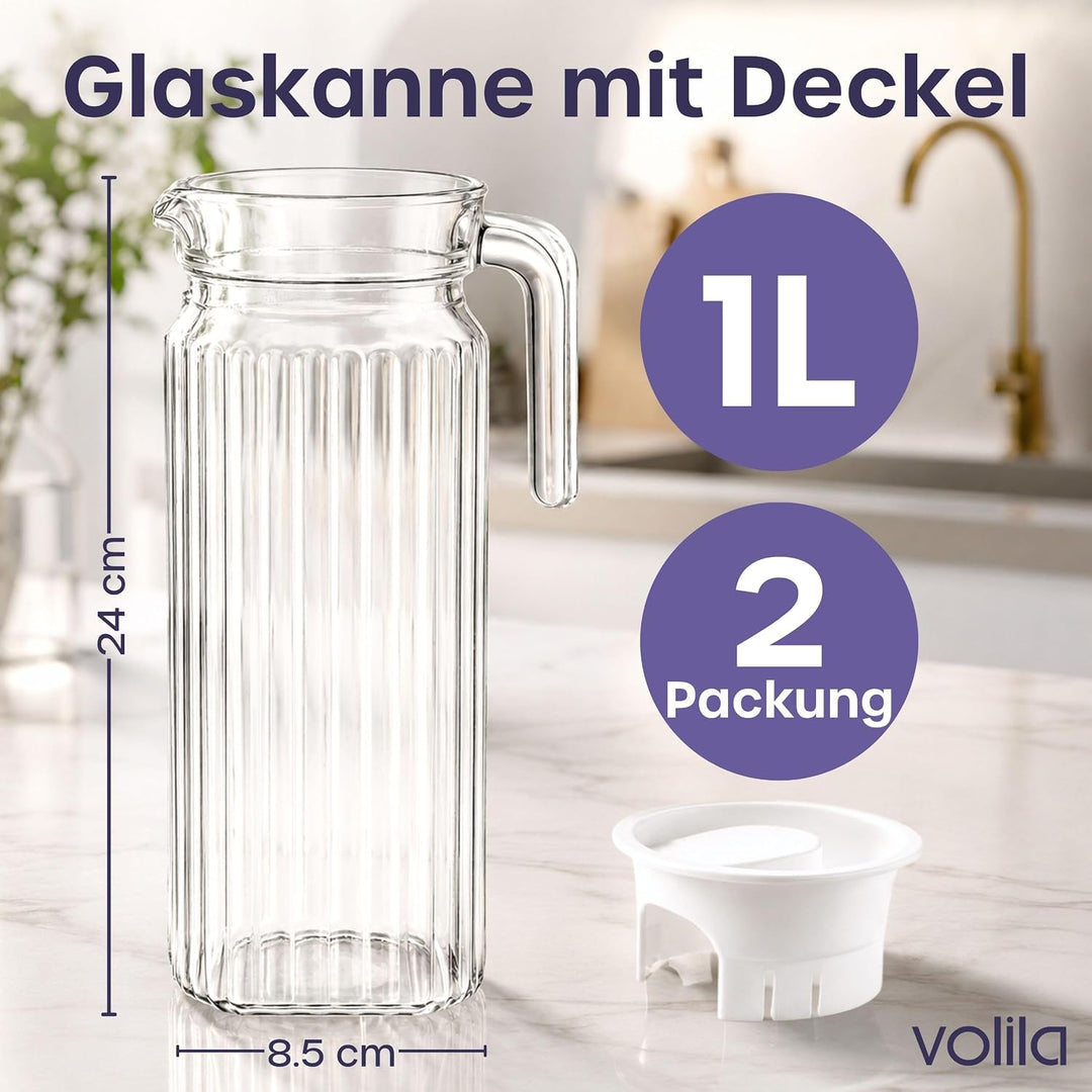 Kühlschrankkrug 1L Glas Wasserkrug mit Deckel (2er Pack) – Glaskrug Geriffeltem Glasdesign & Griff f