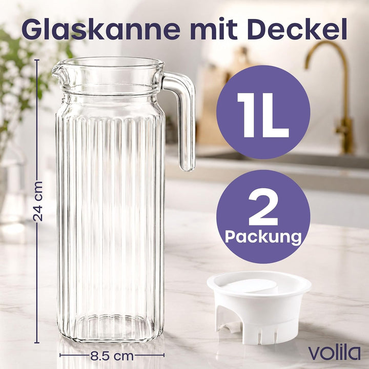 Kühlschrankkrug 1L Glas Wasserkrug mit Deckel (2er Pack) – Glaskrug Geriffeltem Glasdesign & Griff f