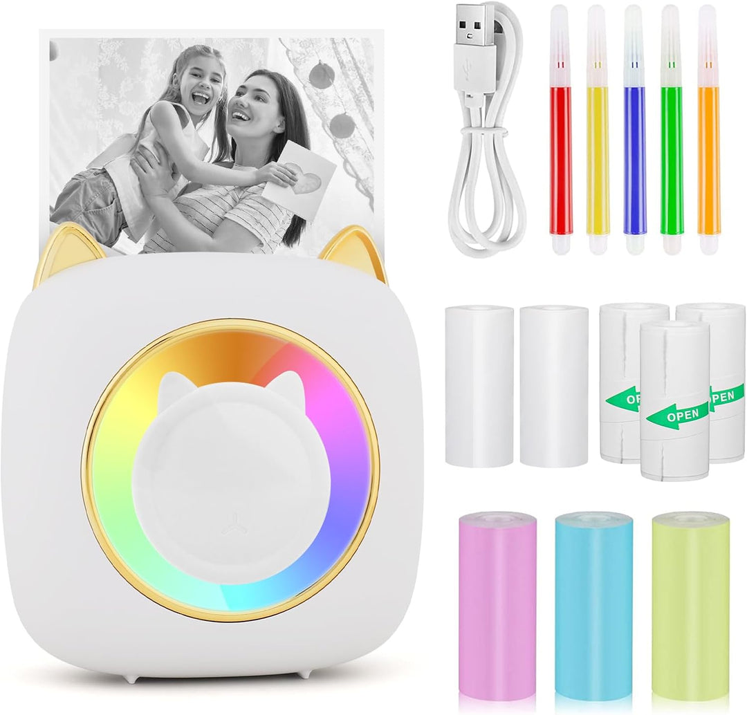 GuKKK Mini Drucker, Mobiler Fotodrucker, Tragbarer Mini Fotodrucker mit 7 Farben LED, Wireless Fotod