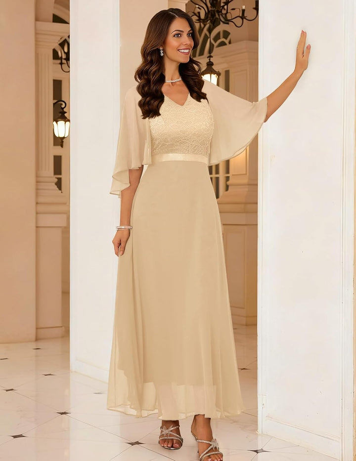 DRESSTELLS Abendkleid Damen Festlich Spitzenkleid für Hochzeit Chiffon Cape Ärmel Ballkleid Elegant