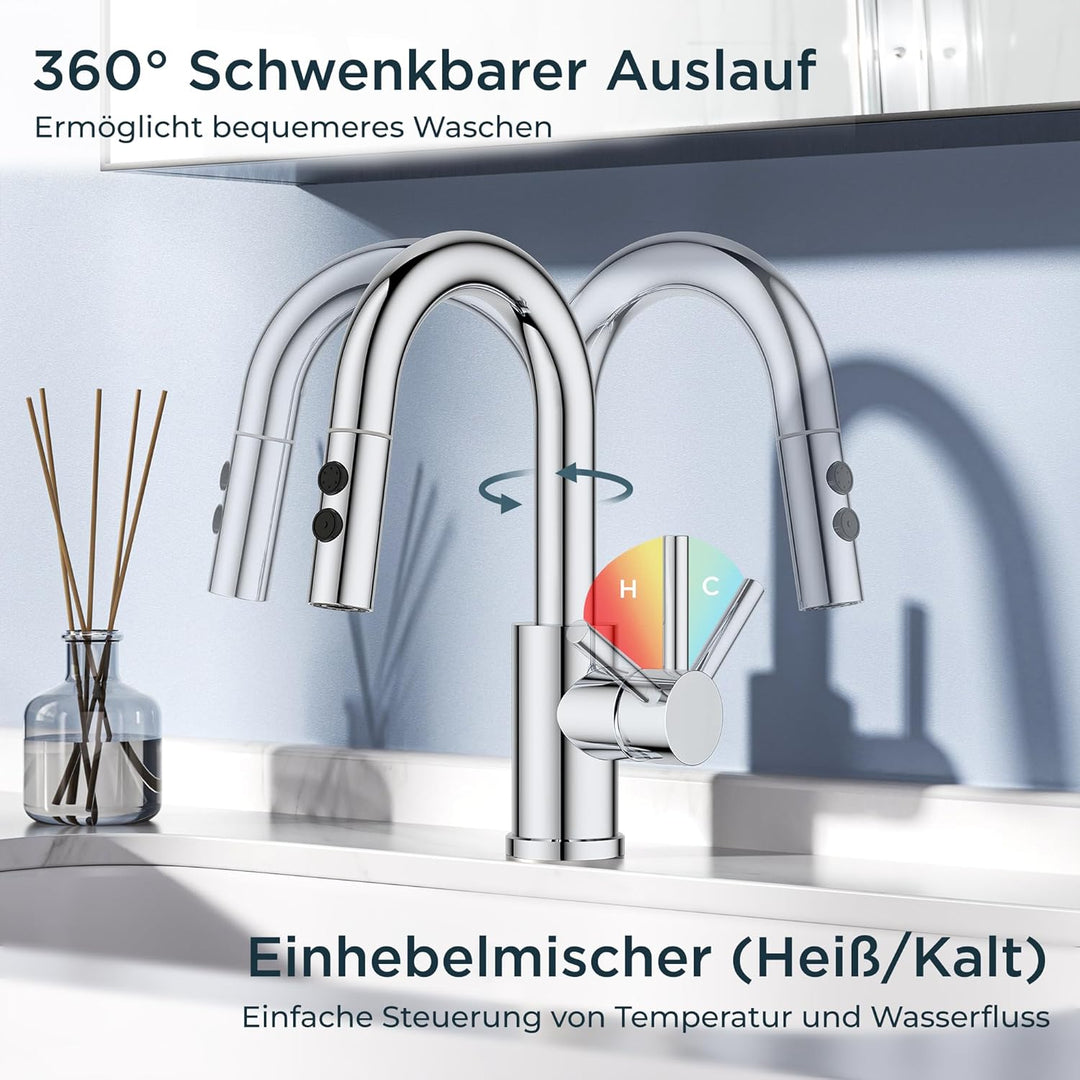 FORIOUS Wasserhahn Bad mit Ausziehbarer Brause, Edelstahl Waschtischarmatur Hoch mit 2 Strahlarten,