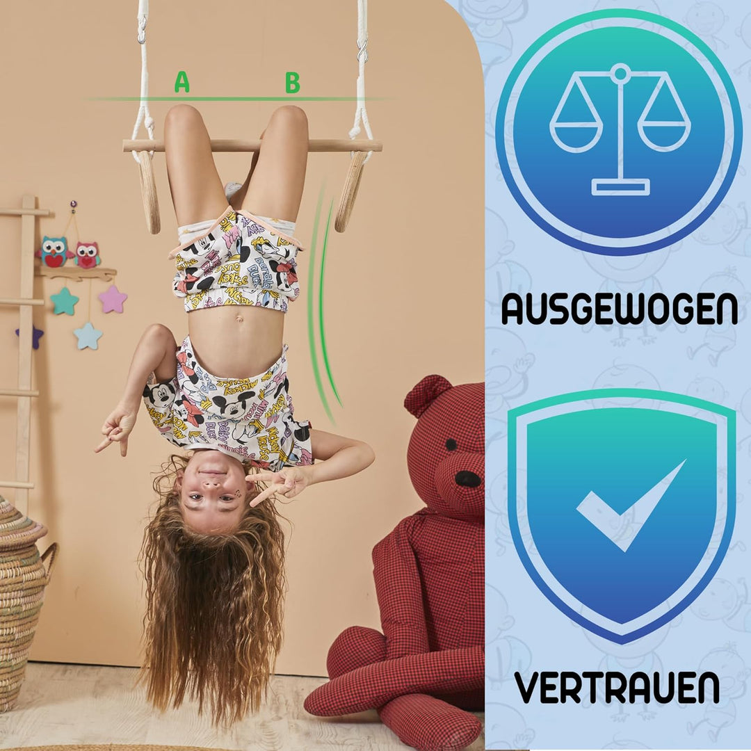 MOAS SHOP® Trapez Schaukel - Turnringe Kinder, Buchenholz, Verstellbare Seillänge, 50 kg Kapazität -