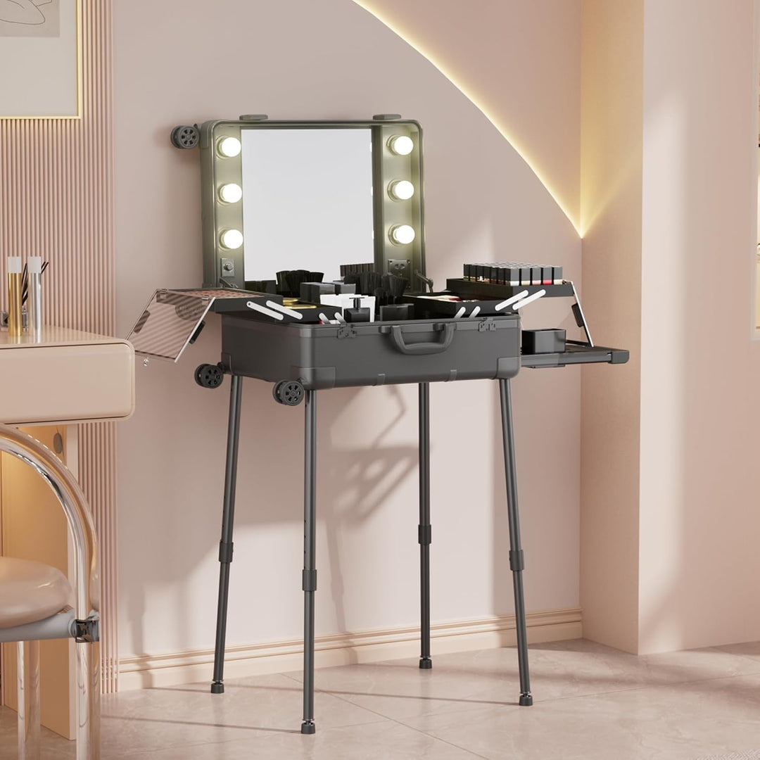 Make-up-Koffer mit Rollen aus Aluminium, grosser Spiegel mit 6 Glühbirnen, Organisation von Kosmetik