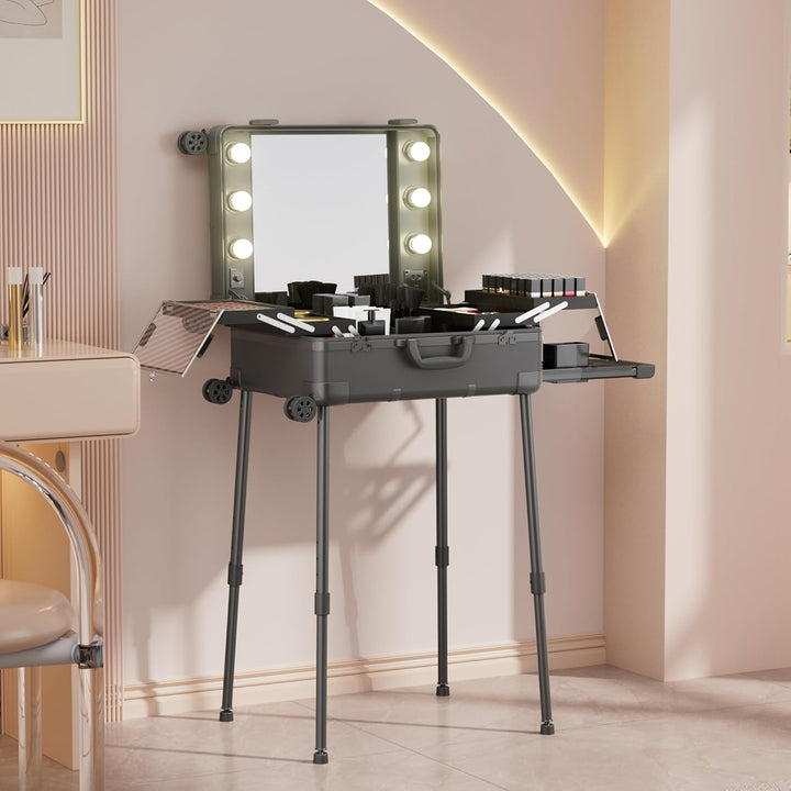 Make-up-Koffer mit Rollen aus Aluminium, grosser Spiegel mit 6 Glühbirnen, Organisation von Kosmetik