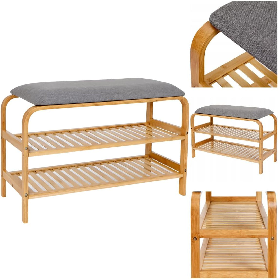Bambus Schuhregal, Schuhregal aus Bambus mit Sitzbank, Schuhbank mit Sitzkissen, Sitzbank mit zwei E