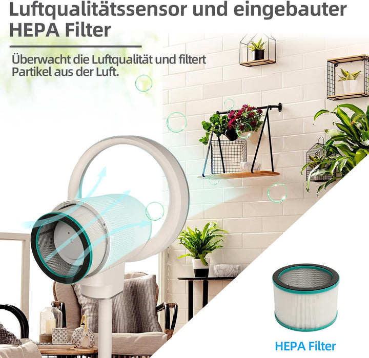 Be Cool Design-Standventilator mit WiFi – unsichtbarer Flügel, LED-Beleuchtung, Touch-Bedienfeld + L