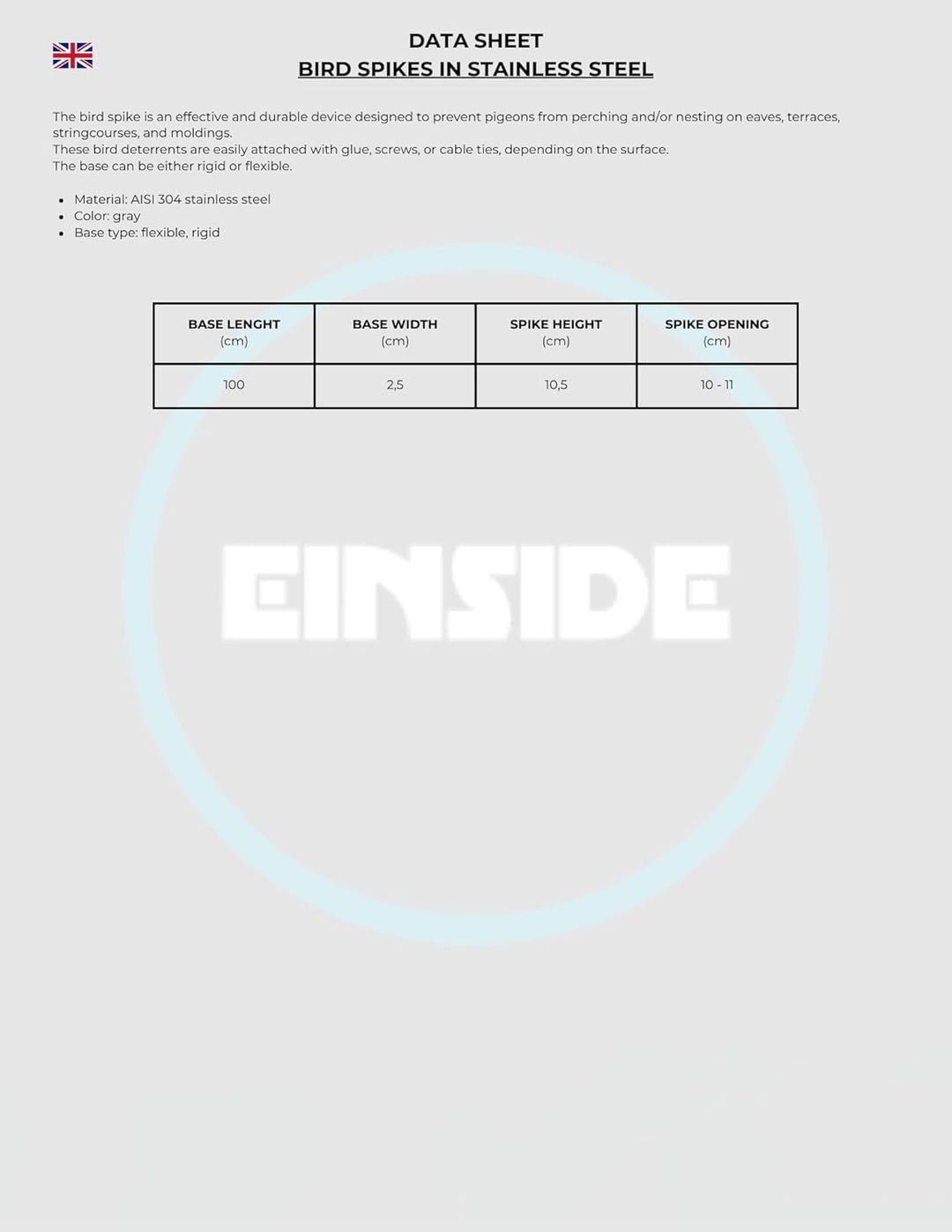 Einside Taubenspikes 80 Spitzen Edelstahl AISI 304 25m