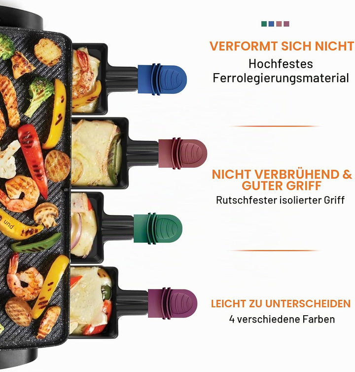 8er Set Raclette Pfännchen antihaftbeschichtet, Mini Grill Pfännchen Ersatz mit 8 Schaber und buntem