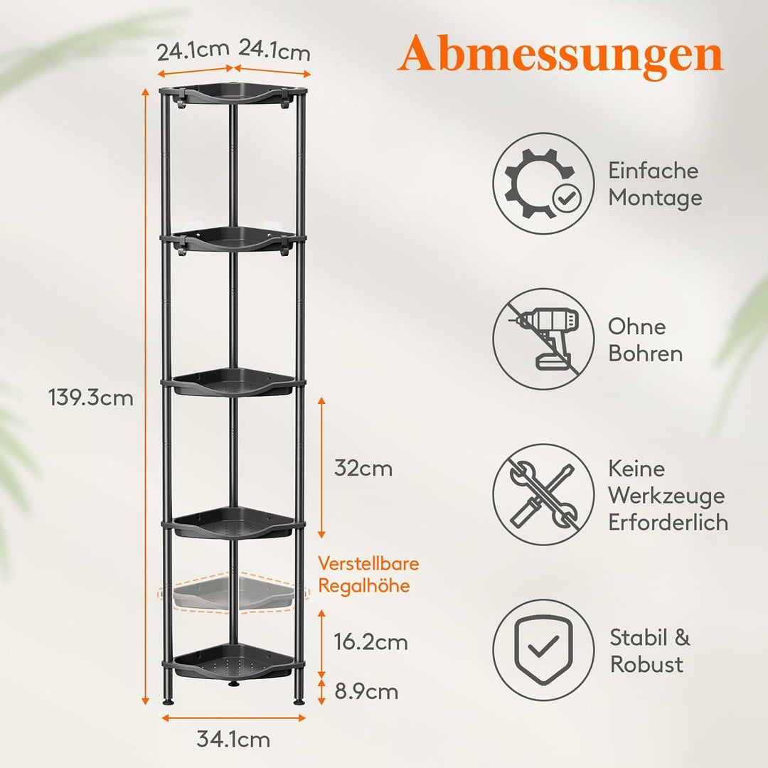 Lifewit Duschablage Stehend, 5 Ablagen Kunststoff Duschregal Ohne Bohren, Höhen Verstellbar Duschreg