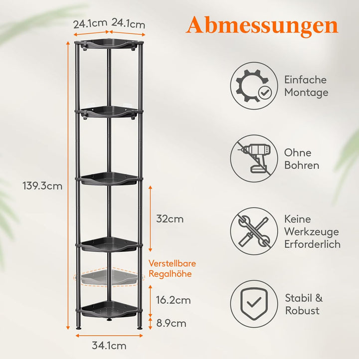 Lifewit Duschablage Stehend, 5 Ablagen Kunststoff Duschregal Ohne Bohren, Höhen Verstellbar Duschreg