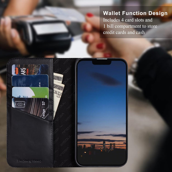 VISOUL iPhone 14 Plus Hülle, Stossfeste Handyhülle [Erstklassiges Rindsleder], TPU Schutzhülle [Kart