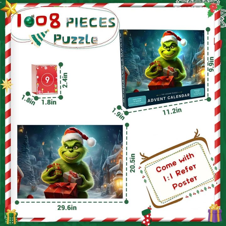 Adventskalender Grinch Puzzles für Kinder und Erwachsene, 24er-Box mit 1008 Teilen, Weihnachtspuzzle