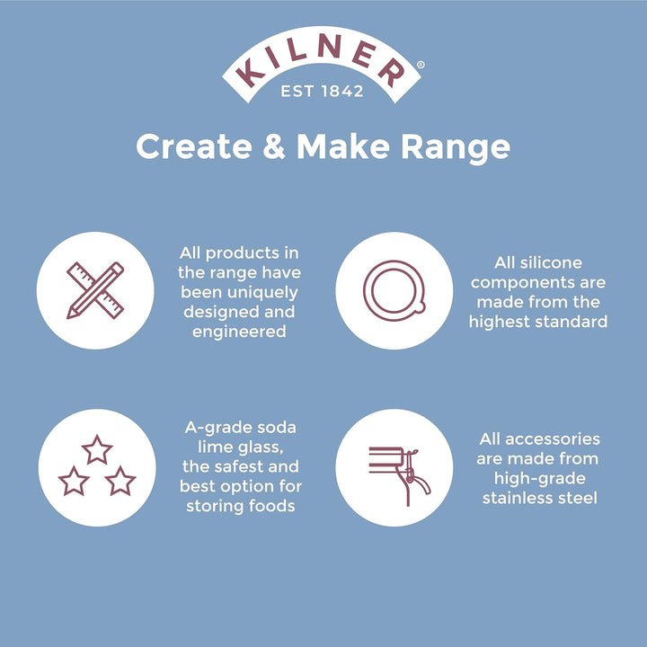 Kilner Butterfass Glas mit Handkurbel, manuelle Handkurbel und Silikonmixer, 1L, Öffnung: 7,2 cm, 16