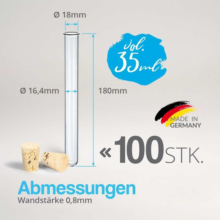 Tuuters 100x Glas Reagenzgläser mit Korken und Bördelrand (180 x Ø 18mm), 180 x Ø 18mm
