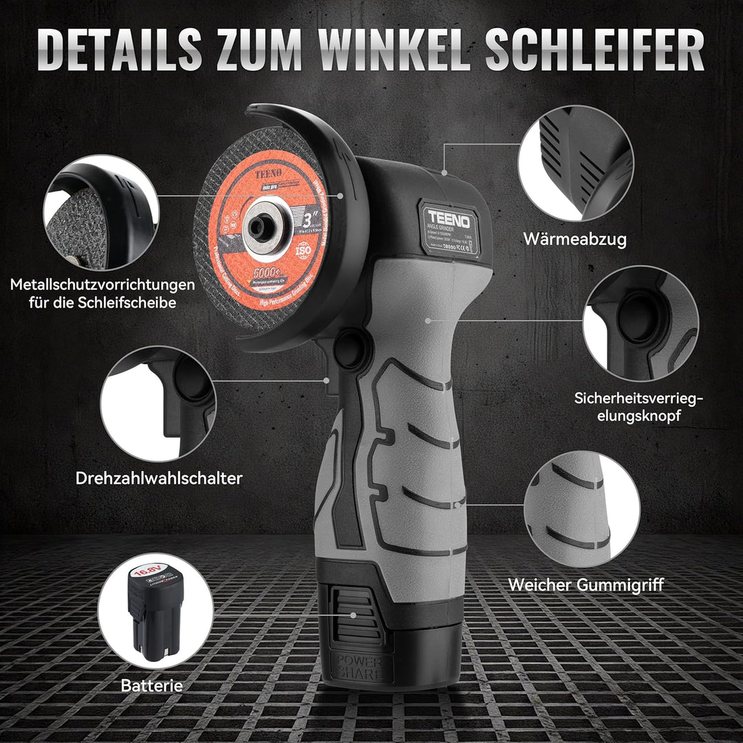 Winkelschleifer TEENO 19.500 U/min – kabellose Schleifmaschine, 76 mm, Komplettset mit 2 Akkus 2000