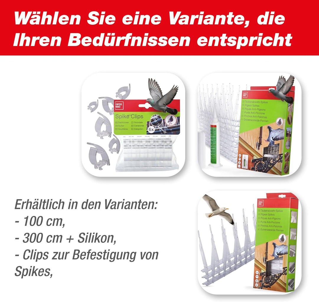 SWISSINNO Taubenabwehr-Spikes, Kunststoff, 300 cm inklusiv Silikontube, Gebrauchsfertig, Taubenabweh