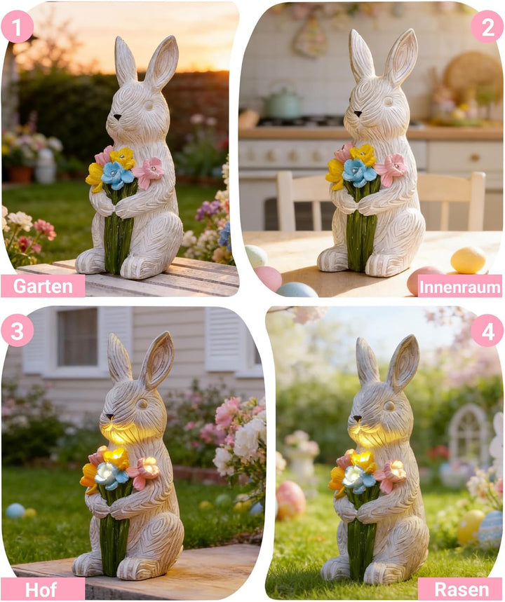 Yeomoo Kaninchen Figuren mit Blumen Solarlampen Gartendeko Deko Zimmer - Lustige Hase mit Solarleuch