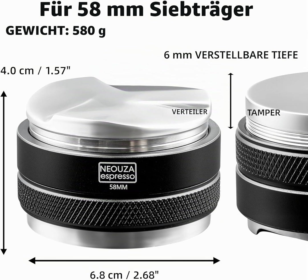 NEOUZA 58 mm Kaffeeverteiler und Tamper 2-in-1, Doppelkopf-Nivellierer für E61-Gruppe, verstellbare