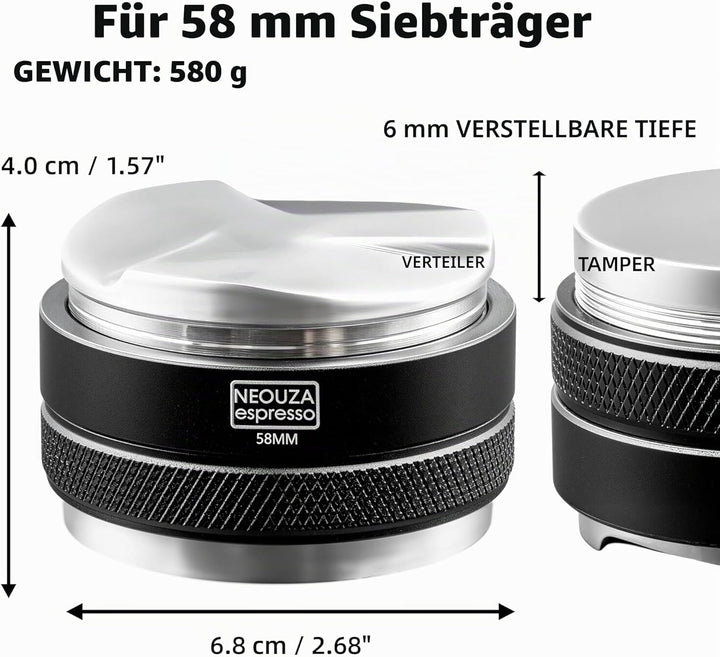 NEOUZA 58 mm Kaffeeverteiler und Tamper 2-in-1, Doppelkopf-Nivellierer für E61-Gruppe, verstellbare