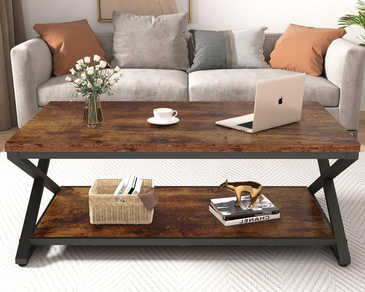 HSH Braun Couchtisch mit Ablage, industrieller Metall-Holz-Wohnzimmertisch, Bauernhaus, minimalistis
