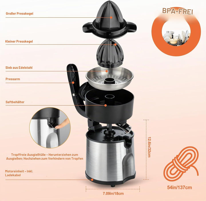 Cozary Zitruspresse Elektrische, Orangenpresse Zitronenpresse inkl 2 Presskegel, Gehäuse und Filter