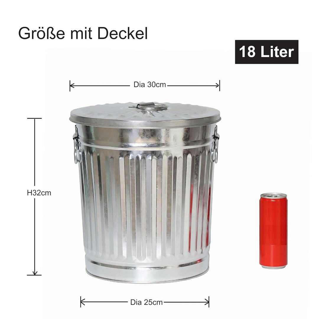 Jinfa 1 Retrodesign Metalleimer mit Griffen und Deckel + 50 Müllbeutel | Zink | 18L 1 Mülleimer 18L