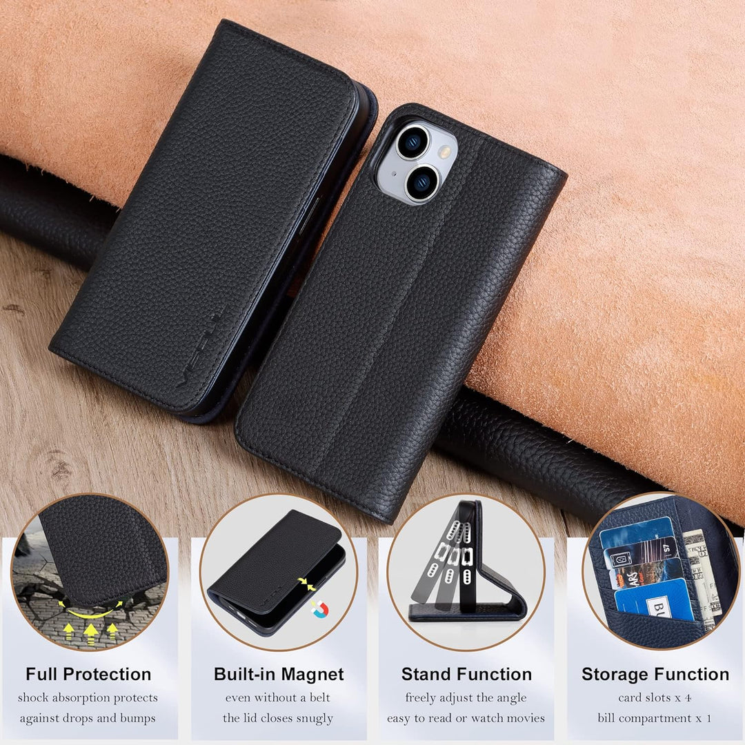VISOUL Hülle für iPhone 14 Plus, Schutzhülle [Erstklassiges Rindsleder] [Schützt vor Stoss] [Kartenf